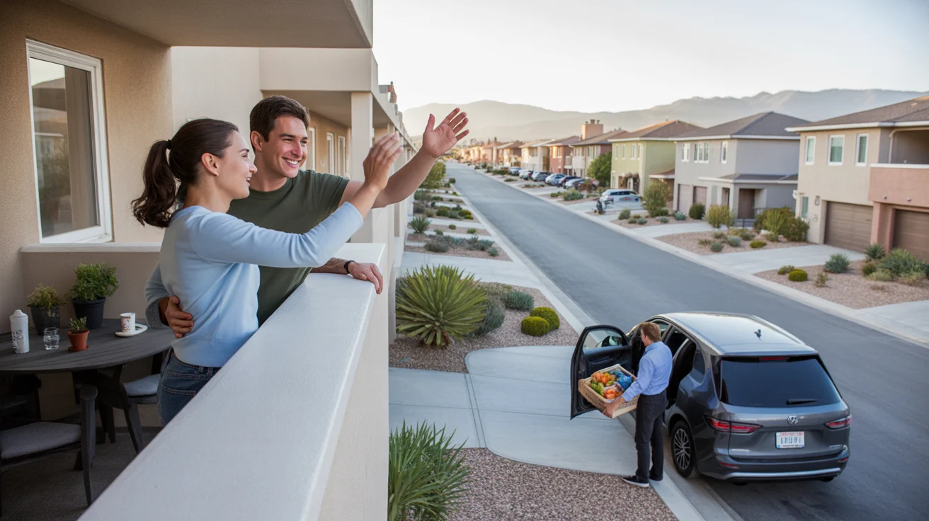 Neighbors wave to each other from apartment balcony and house driveway in West Valley City at sunset