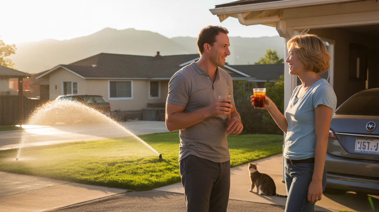 Neighbors chat briefly in summer evening shade before heading inside their homes in Westminster.