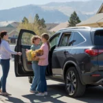 Family putting groceries in car outside store in Highlands Ranch with mountains in background