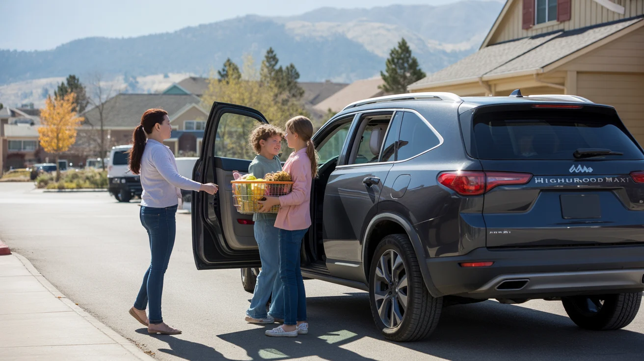 Family putting groceries in car outside store in Highlands Ranch with mountains in background