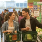 Two friends discuss dinner plans while shopping in the produce section of a grocery store in Tampa, Florida.