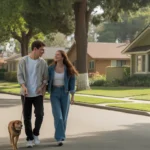 Couple walking dog through peaceful San Bernardino neighborhood with ranch and craftsman style homes.