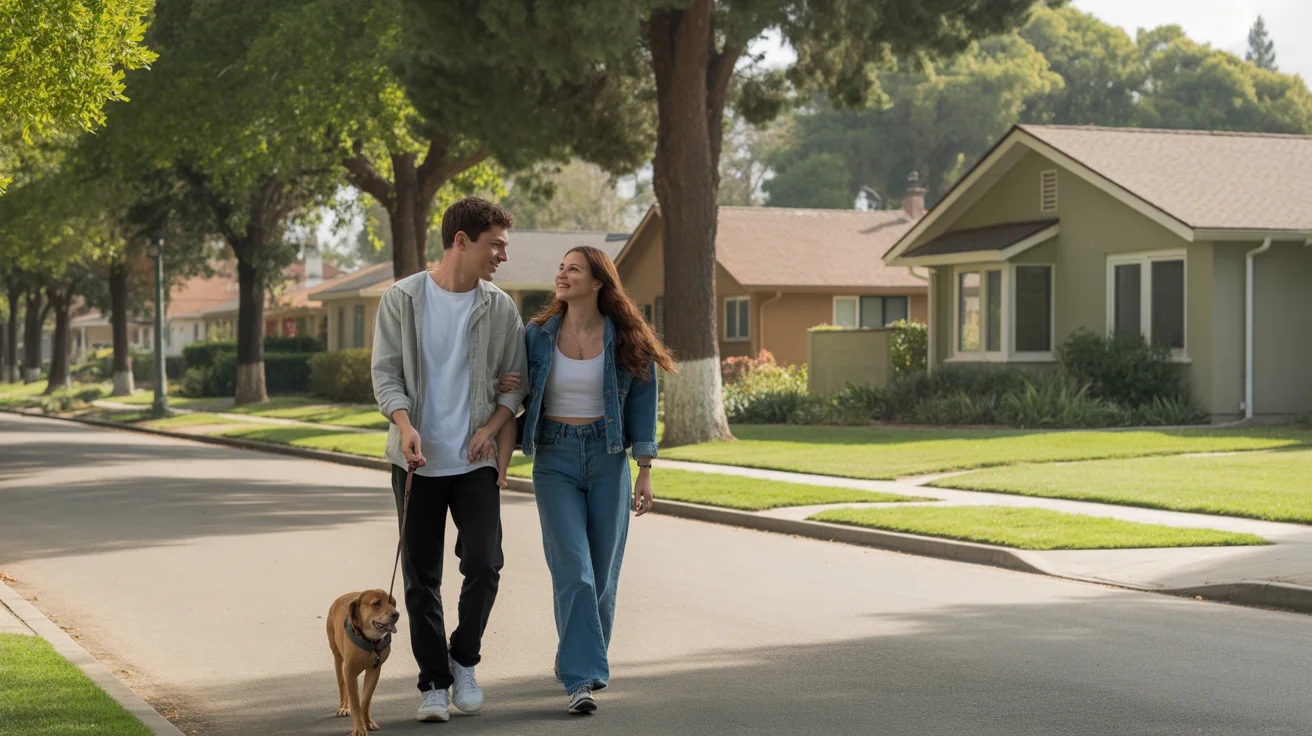 Couple walking dog through peaceful San Bernardino neighborhood with ranch and craftsman style homes.