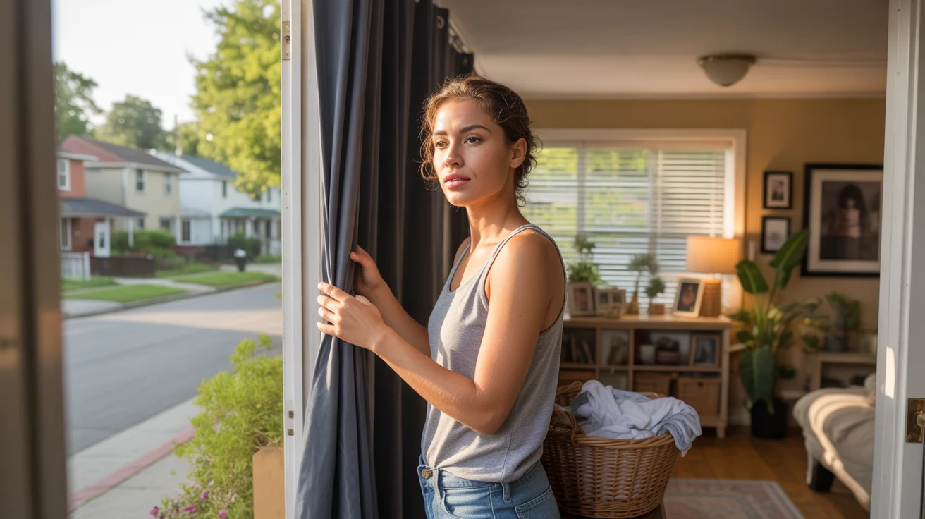 Woman closing blackout curtains in sunny apartment in Huntersville, NC