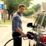 Man filling up SUV with gas at a Grand Prairie, Texas gas station