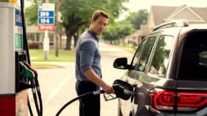 Man filling up SUV with gas at a Grand Prairie, Texas gas station