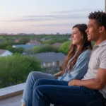 Couple enjoying sunset on patio of their affordable Garland, TX apartment