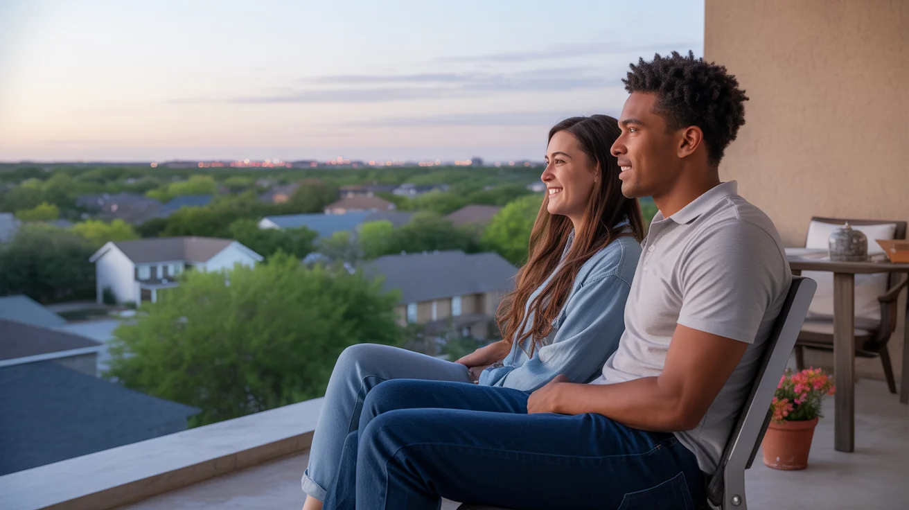 Couple enjoying sunset on patio of their affordable Garland, TX apartment