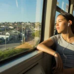 Teenage girl sitting by the window of a light rail train in Fontana, CA, wearing earbuds and gazing at the passing suburban landscape.