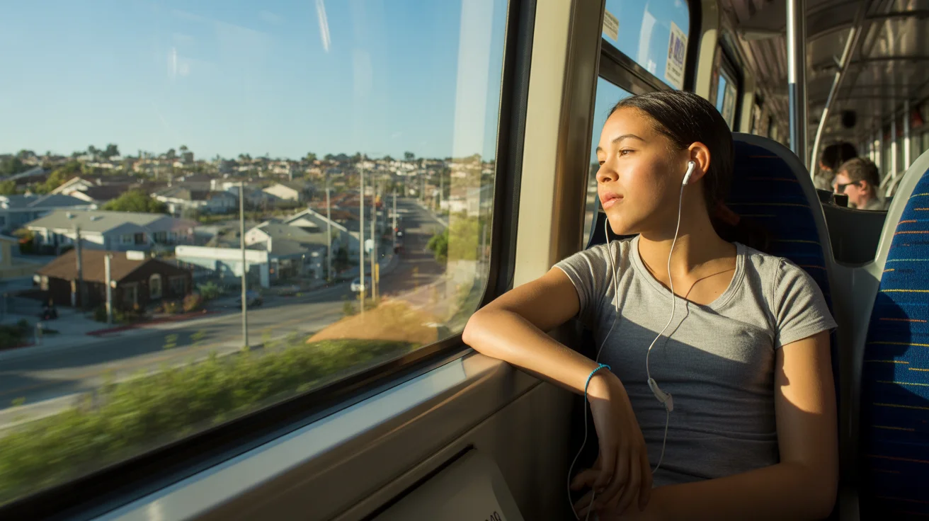 Teenage girl sitting by the window of a light rail train in Fontana, CA, wearing earbuds and gazing at the passing suburban landscape.