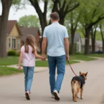 Father and daughter walk their dog on a peaceful residential street in Joliet, Illinois