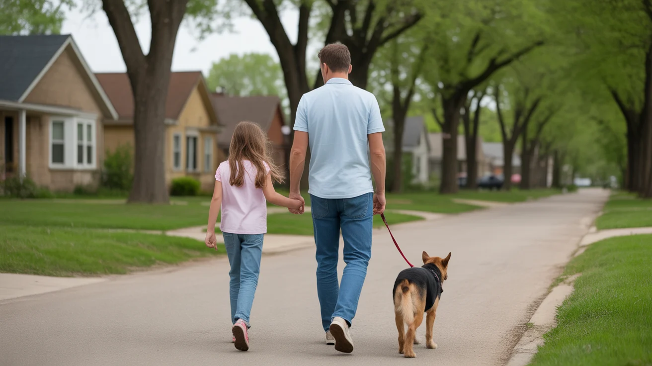 Father and daughter walk their dog on a peaceful residential street in Joliet, Illinois