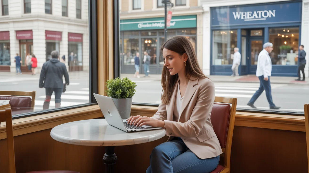 Young woman works on laptop in busy Wheaton cafe with upscale shops outside