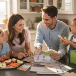 A young family in Lehi, Utah budgeting together at their kitchen table