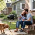 Couple sitting on front steps of small brick house in Chapel Hill with dog