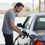 Man filling up car with gas at North Las Vegas station on sunny day