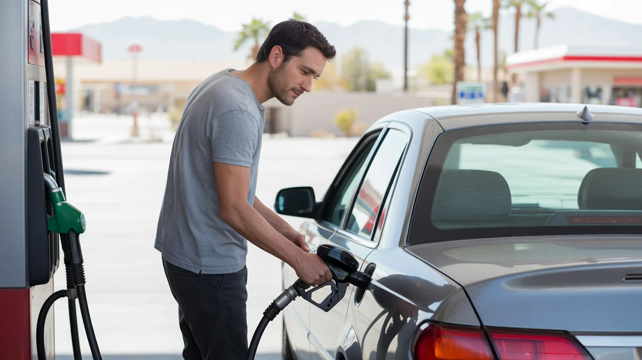 Man filling up car with gas at North Las Vegas station on sunny day