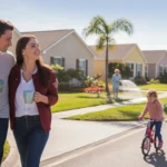 A couple walks through their Kissimmee neighborhood on a sunny morning, past tidy homes with manicured lawns.