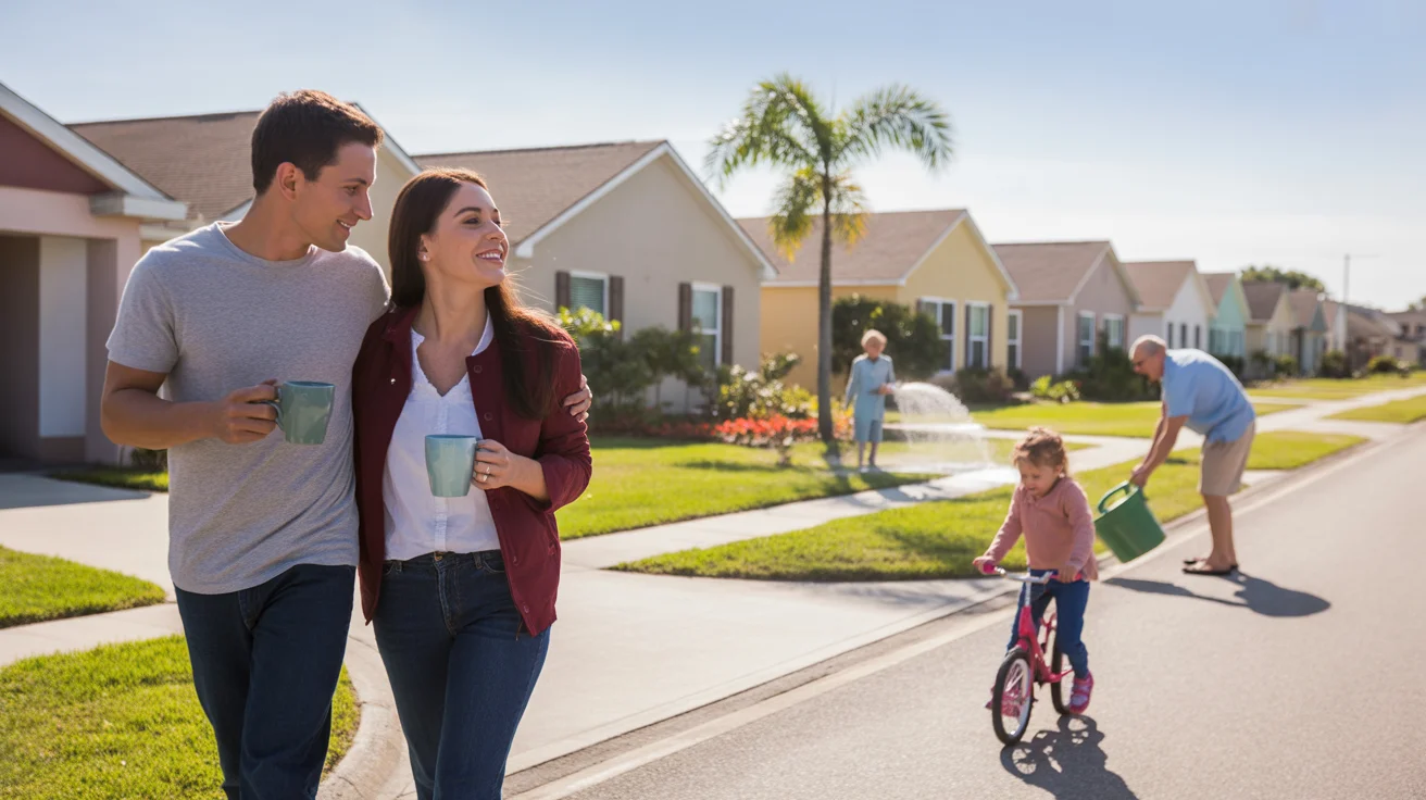 A couple walks through their Kissimmee neighborhood on a sunny morning, past tidy homes with manicured lawns.