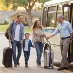 Family with suitcases boarding regional bus in suburban Centennial Colorado neighborhood