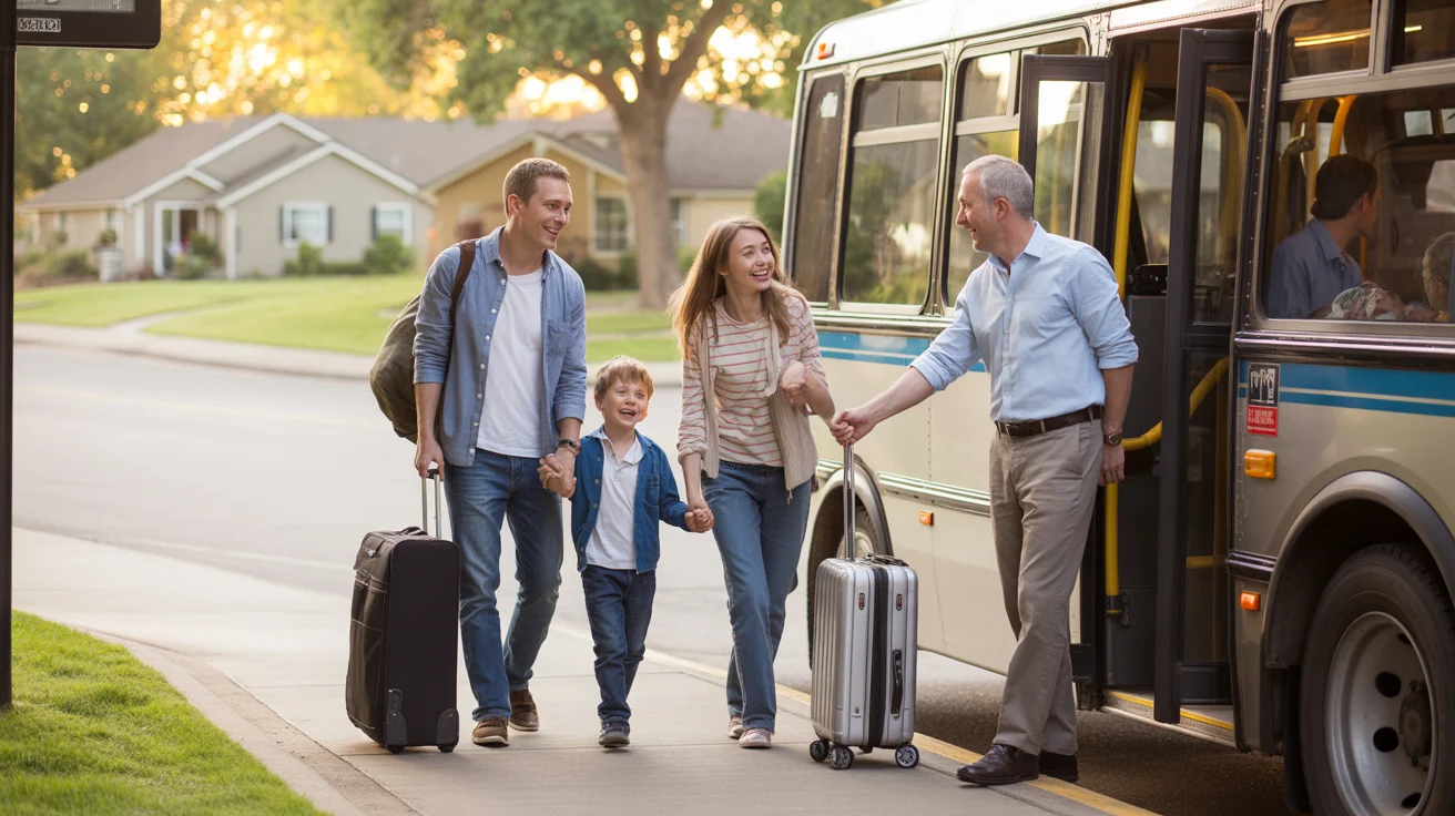Family with suitcases boarding regional bus in suburban Centennial Colorado neighborhood