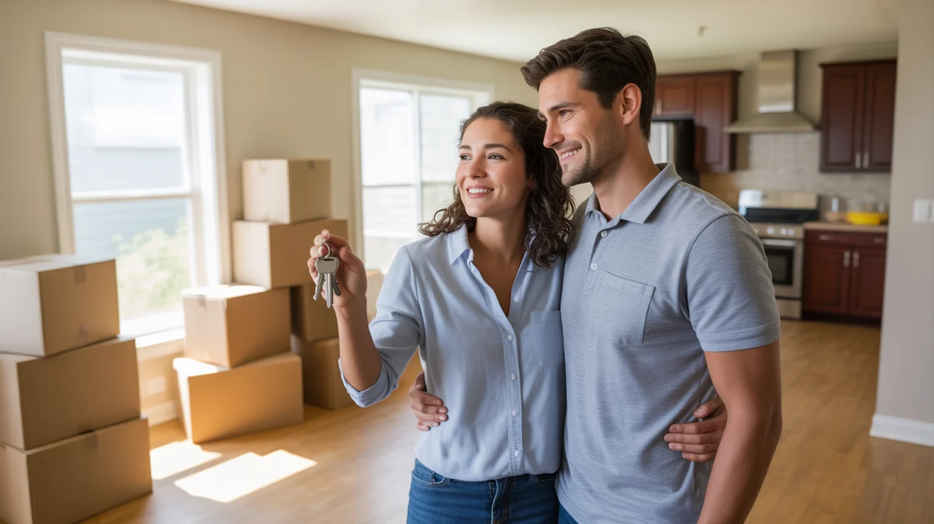Couple standing in empty living room of new home in Bolingbrook, IL