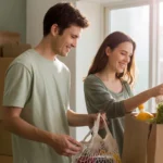 Couple unpacking groceries in new Aurora apartment kitchen