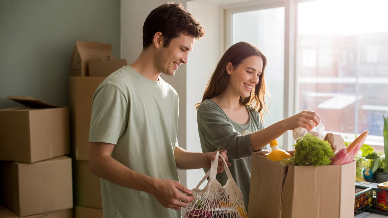 Couple unpacking groceries in new Aurora apartment kitchen