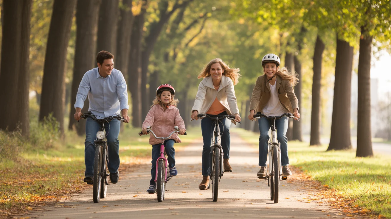 Family biking together on the Illinois Prairie Path in Wheaton