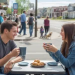 Two roommates enjoying coffee outside a cafe in Thornton, Colorado