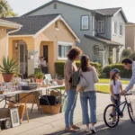 Garage sale in Orange, CA with neighboring condo and single-family home