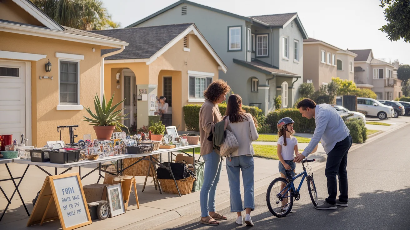 Garage sale in Orange, CA with neighboring condo and single-family home