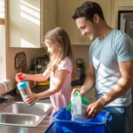 Father and daughter filling reusable water bottle and sorting recycling in kitchen