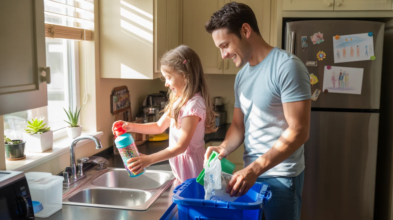 Father and daughter filling reusable water bottle and sorting recycling in kitchen