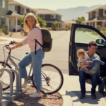 Woman unlocking bike from shared bike rack outside apartment in Paradise, NV