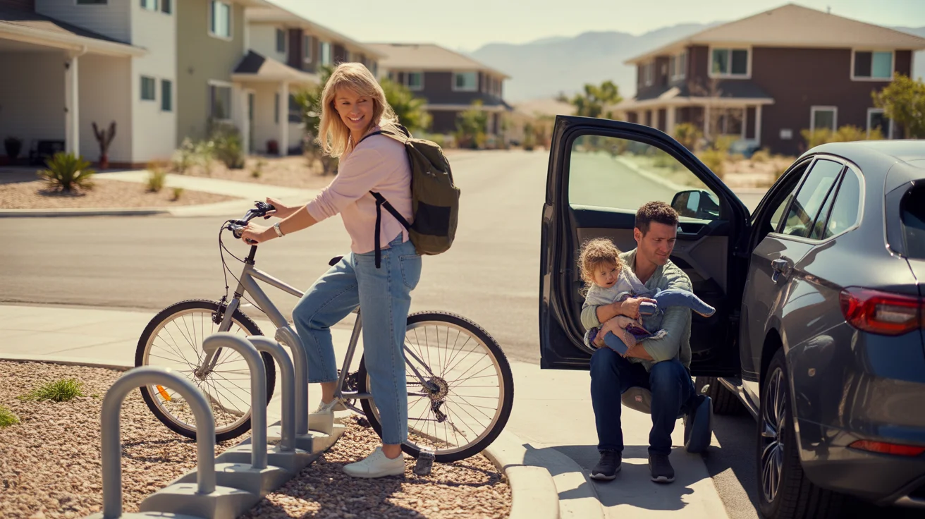 Woman unlocking bike from shared bike rack outside apartment in Paradise, NV
