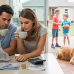 A couple budgets at their kitchen table while their kids play basketball outside their Lexington home