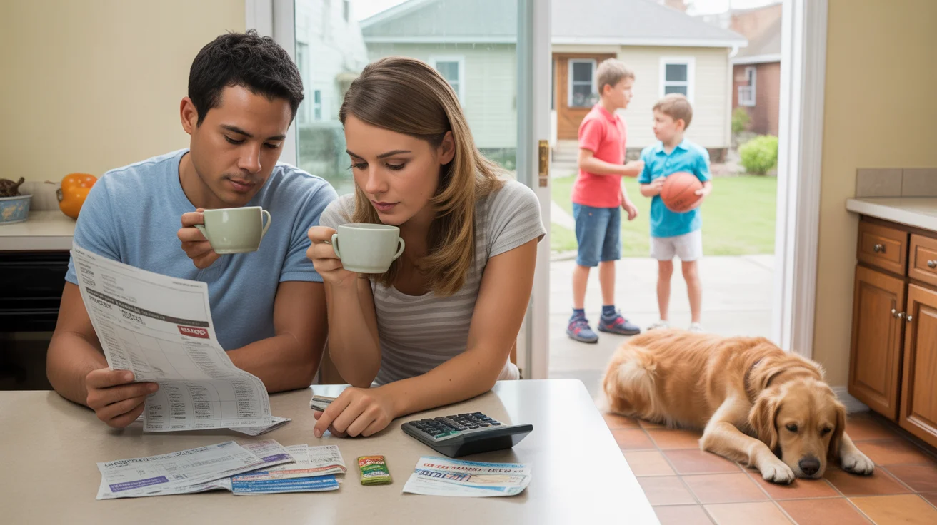 A couple budgets at their kitchen table while their kids play basketball outside their Lexington home