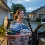 Woman carrying laundry basket into local laundromat in Pearland, TX at dusk