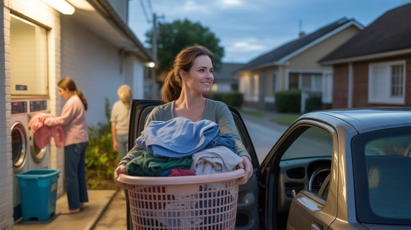 Woman carrying laundry basket into local laundromat in Pearland, TX at dusk