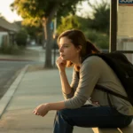 A young woman waiting alone at a San Bernardino bus stop at sunset