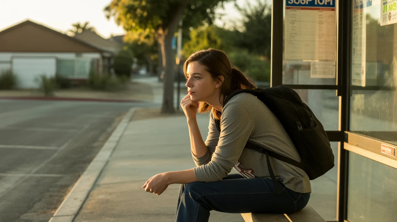 A young woman waiting alone at a San Bernardino bus stop at sunset