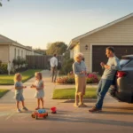Neighbors chat in driveway between homes in Pearland, Texas as kids play nearby at sunset