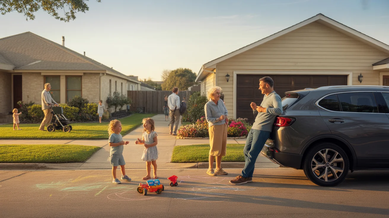Neighbors chat in driveway between homes in Pearland, Texas as kids play nearby at sunset