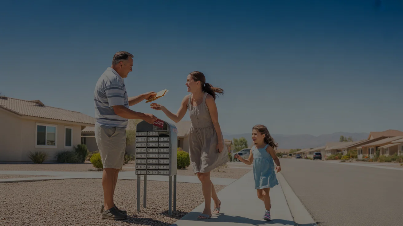 Neighbors chatting by community mailboxes on a sunny morning in Sunrise Manor, Nevada
