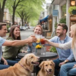 Friends toasting drinks at local cafe in Lexington with dogs resting under table