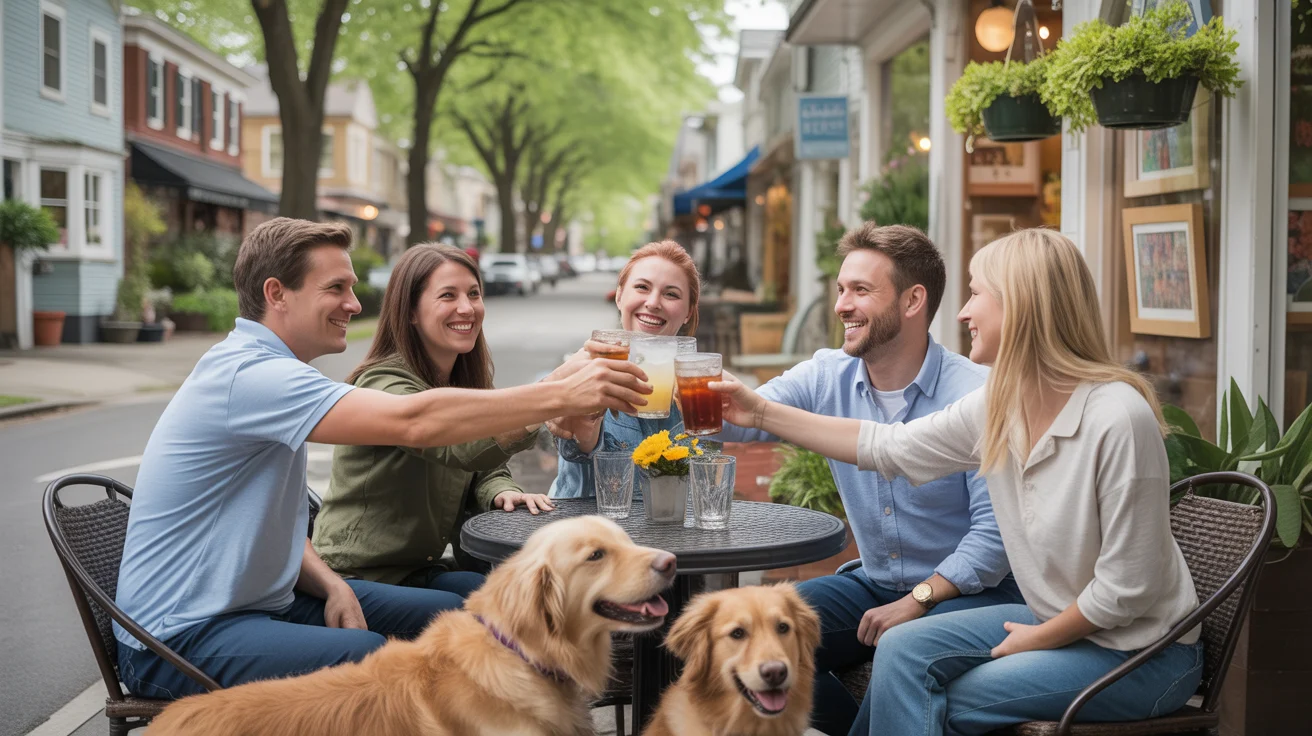 Friends toasting drinks at local cafe in Lexington with dogs resting under table
