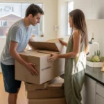Couple unpacking in new San Marcos apartment