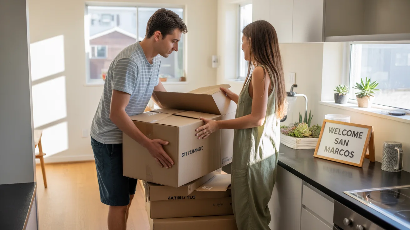 Couple unpacking in new San Marcos apartment