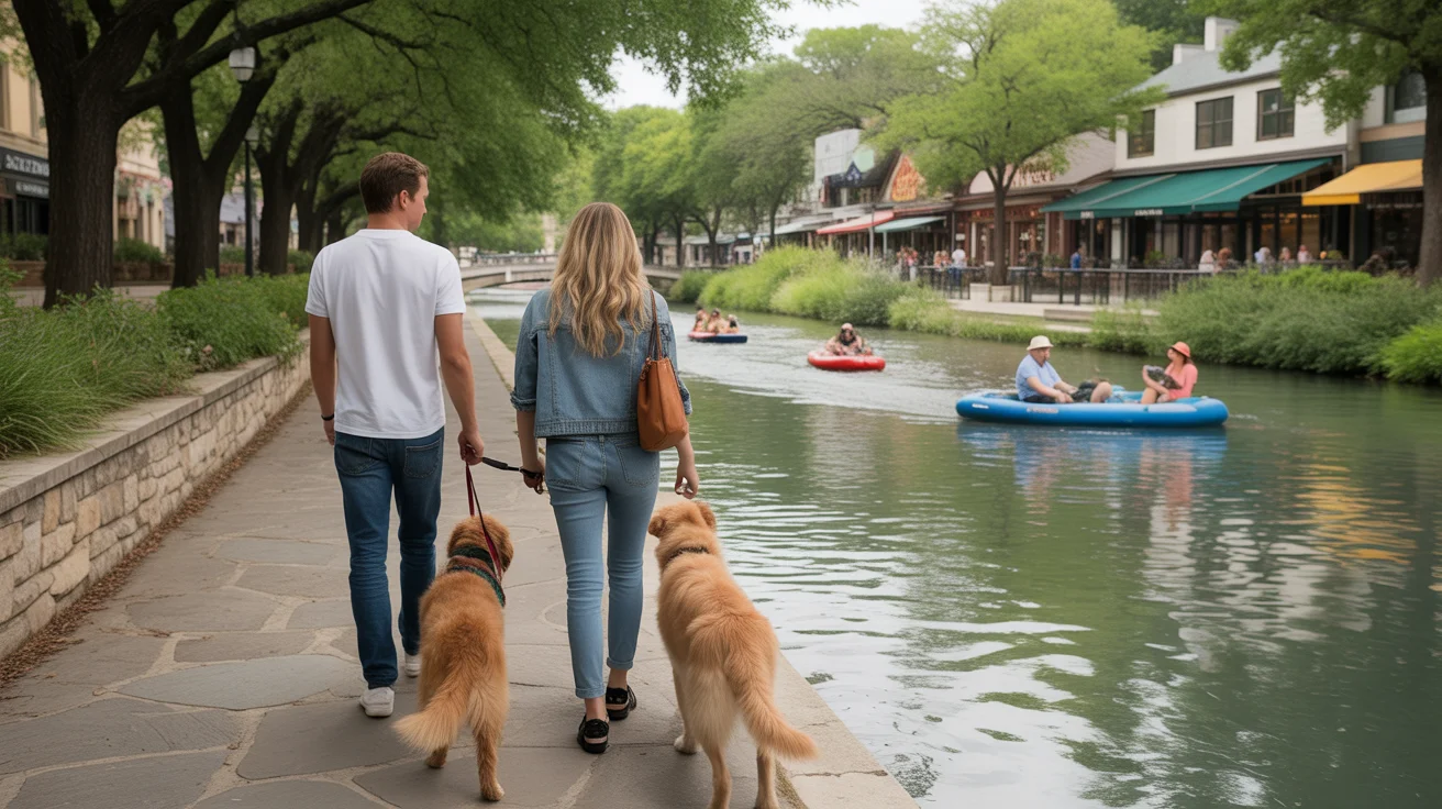 Friends walking dogs by Comal River in New Braunfels